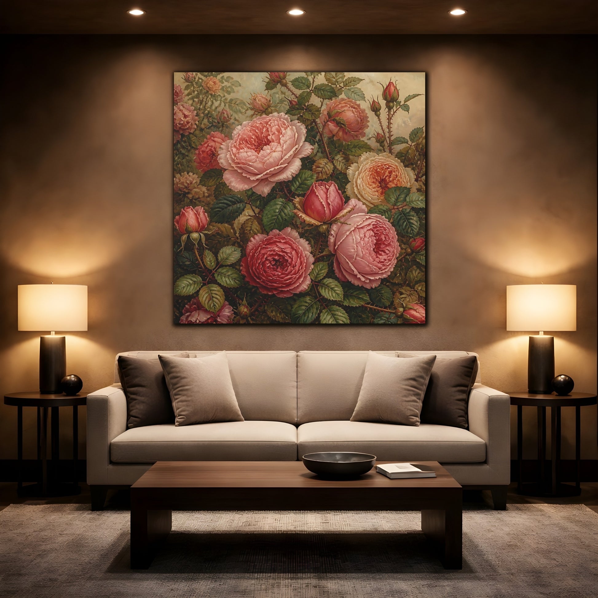 Mockup 2. Floral Roses Pink And Green shown as stretched canvas wall art