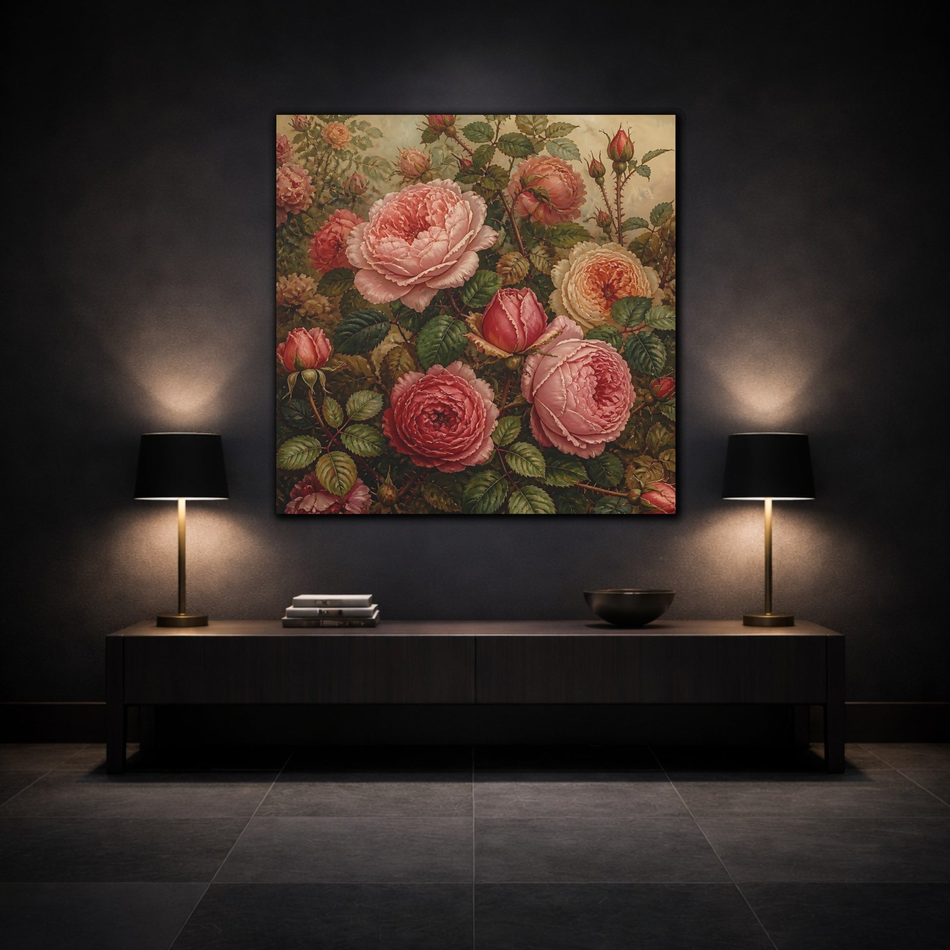 Mockup 3. Floral Roses Pink And Green shown as stretched canvas wall art
