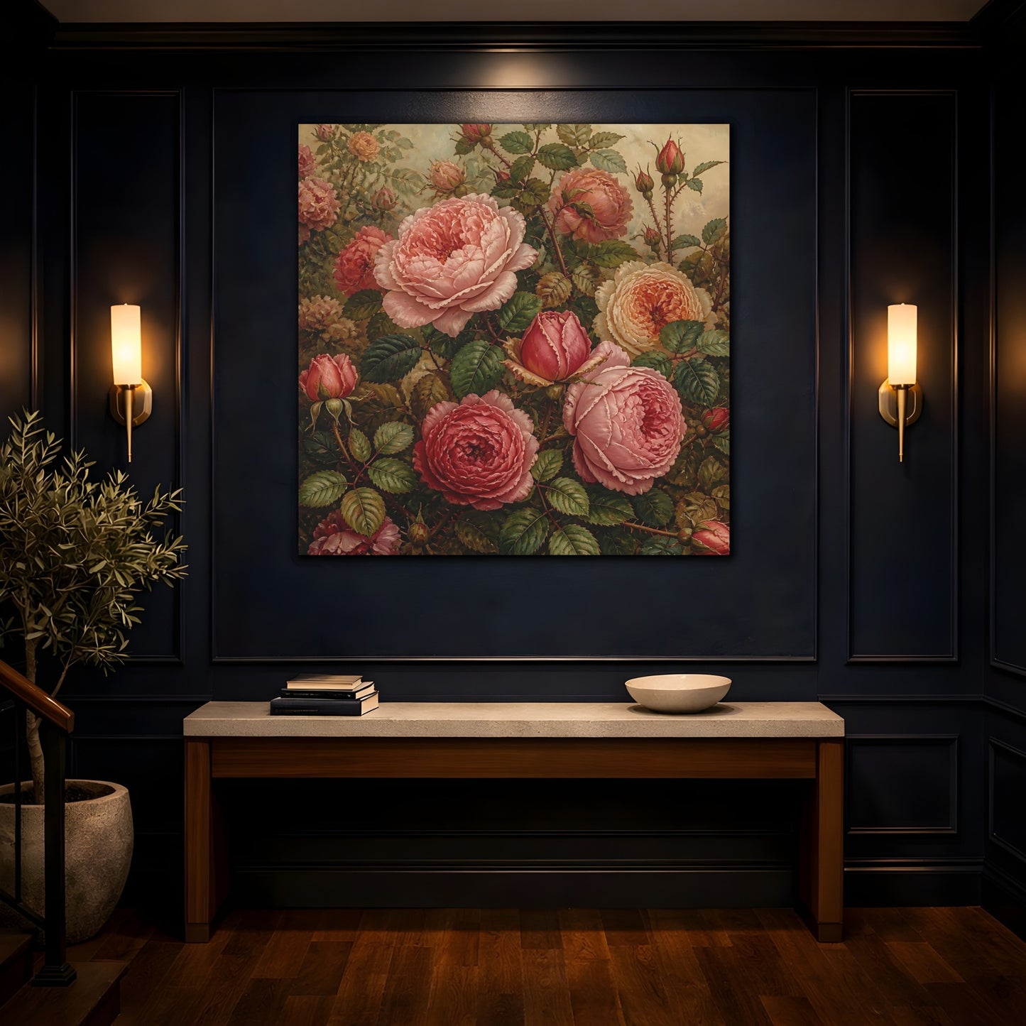 Mockup 4. Floral Roses Pink And Green shown as stretched canvas wall art