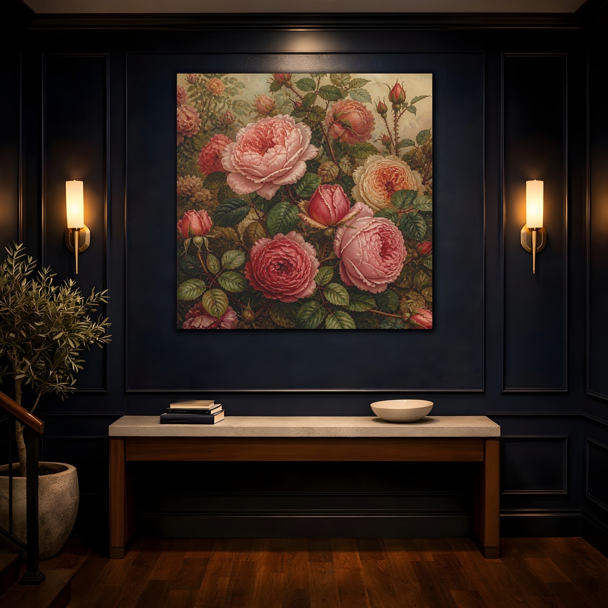 Mockup 4. Floral Roses Pink And Green shown as stretched canvas wall art
