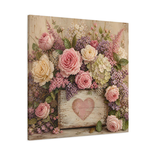 Main Mockup. Floral Roses Pink And Purple shown as stretched canvas wall art