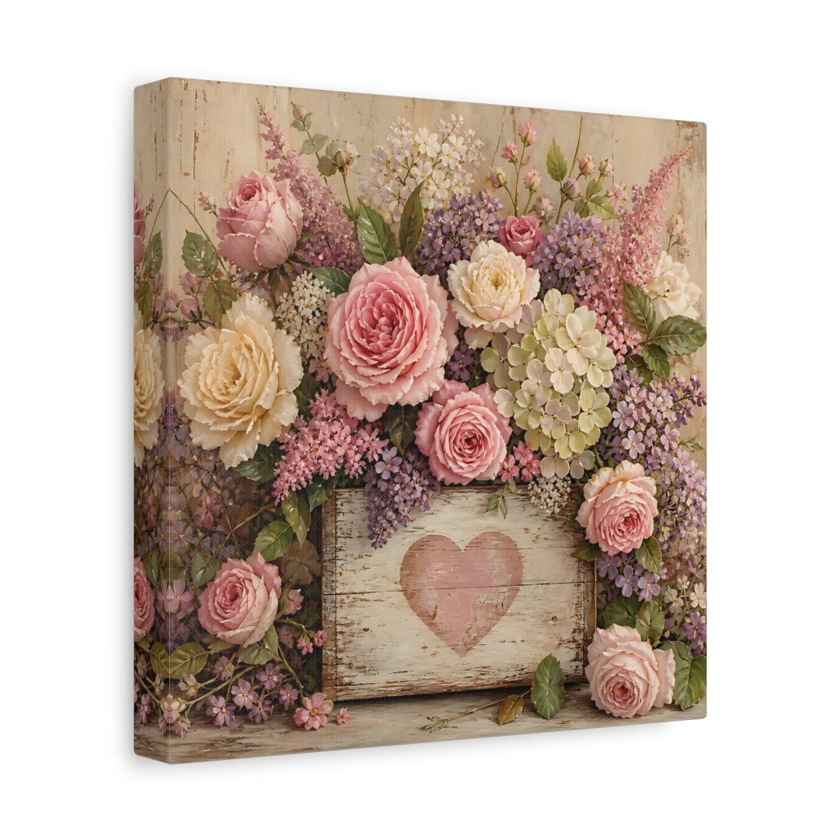 Side Mockup 9. Floral Roses Pink And Purple shown as stretched canvas wall art