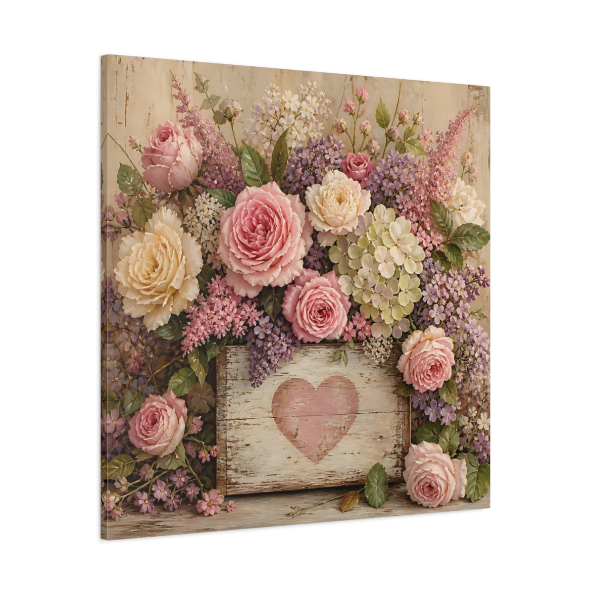 Side Mockup 1. Floral Roses Pink And Purple shown as stretched canvas wall art