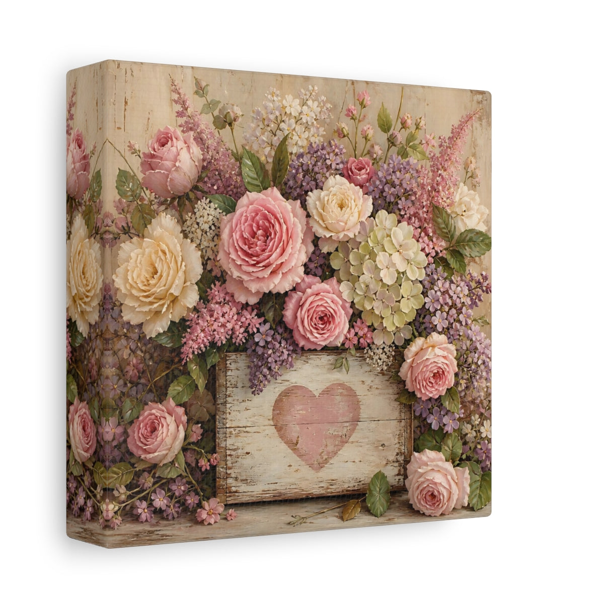 Side Mockup 2. Floral Roses Pink And Purple shown as stretched canvas wall art