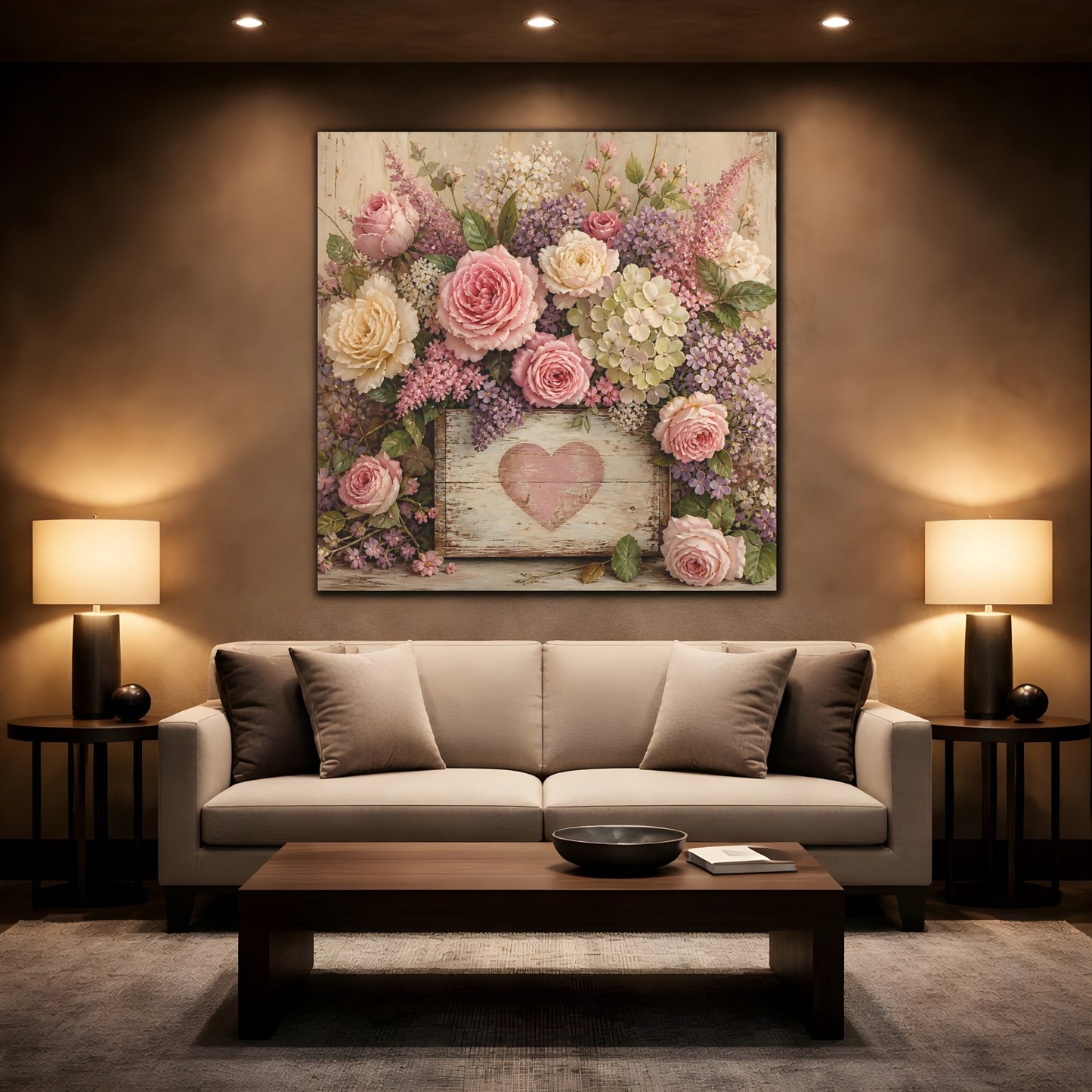 Mockup 2. Floral Roses Pink And Purple shown as stretched canvas wall art