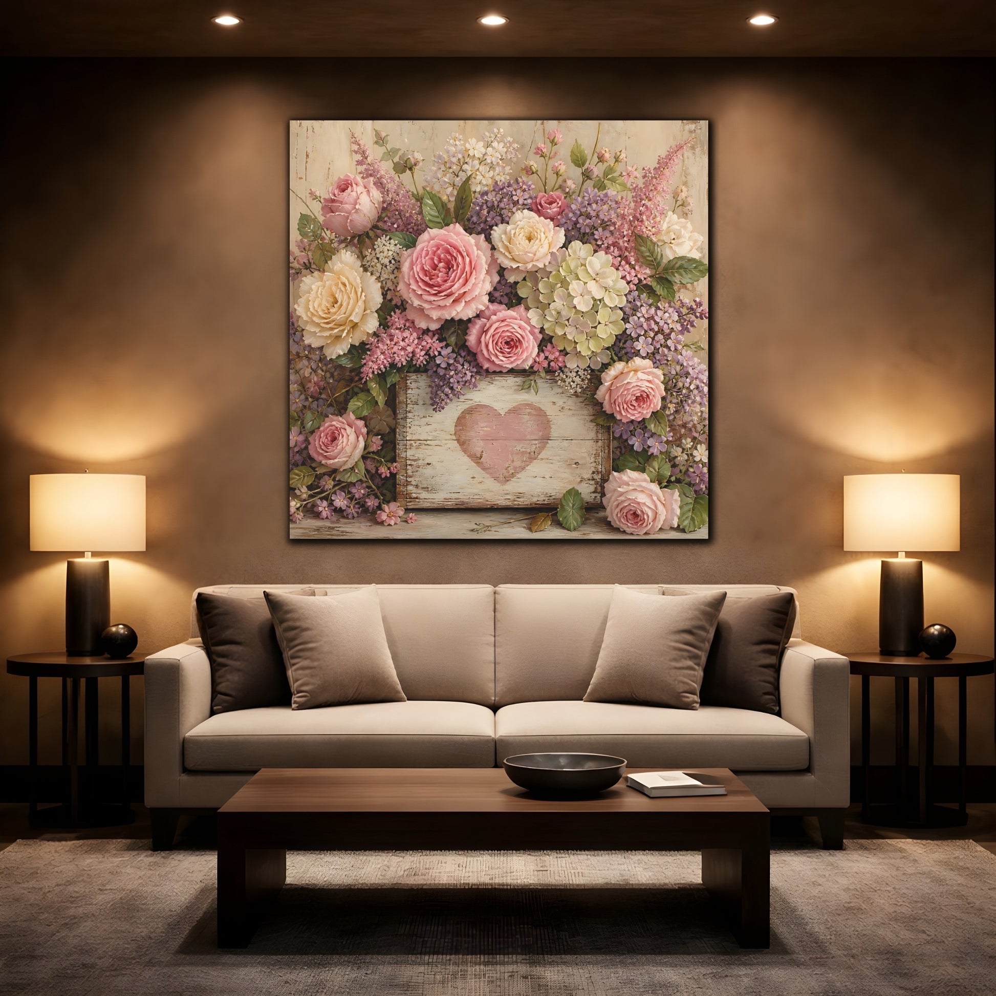 Mockup 2. Floral Roses Pink And Purple shown as stretched canvas wall art