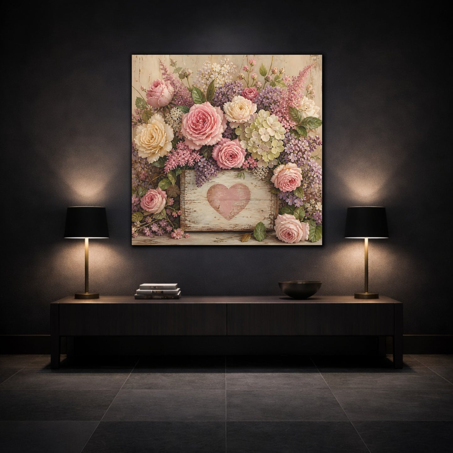 Mockup 3. Floral Roses Pink And Purple shown as stretched canvas wall art