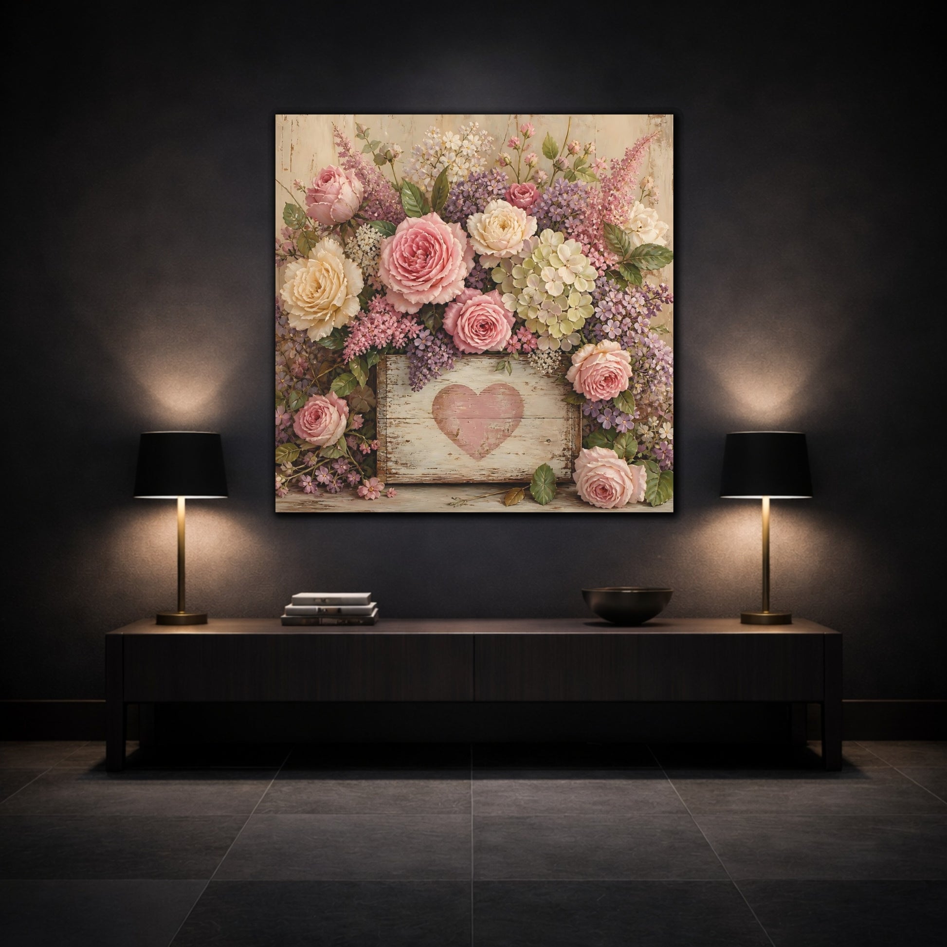 Mockup 3. Floral Roses Pink And Purple shown as stretched canvas wall art