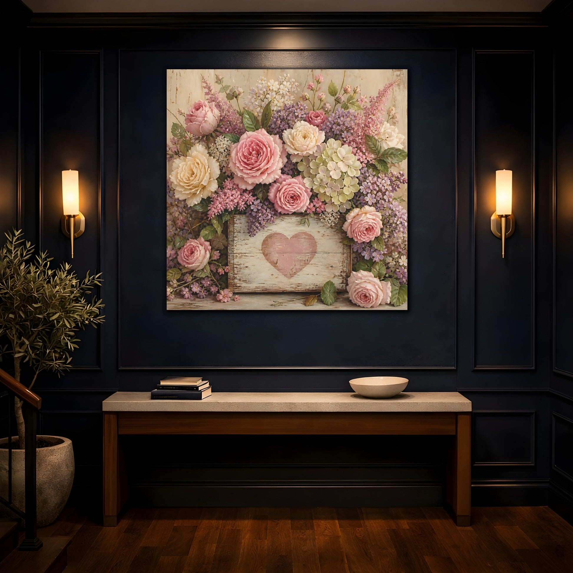 Mockup 4. Floral Roses Pink And Purple shown as stretched canvas wall art