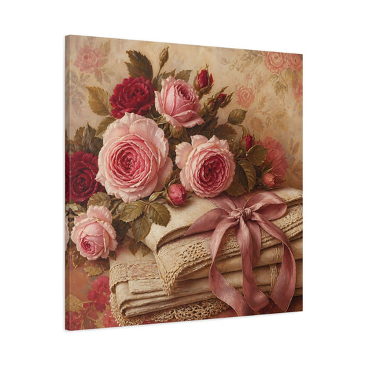 Main Mockup. Floral Roses Pink And Red shown as stretched canvas wall art