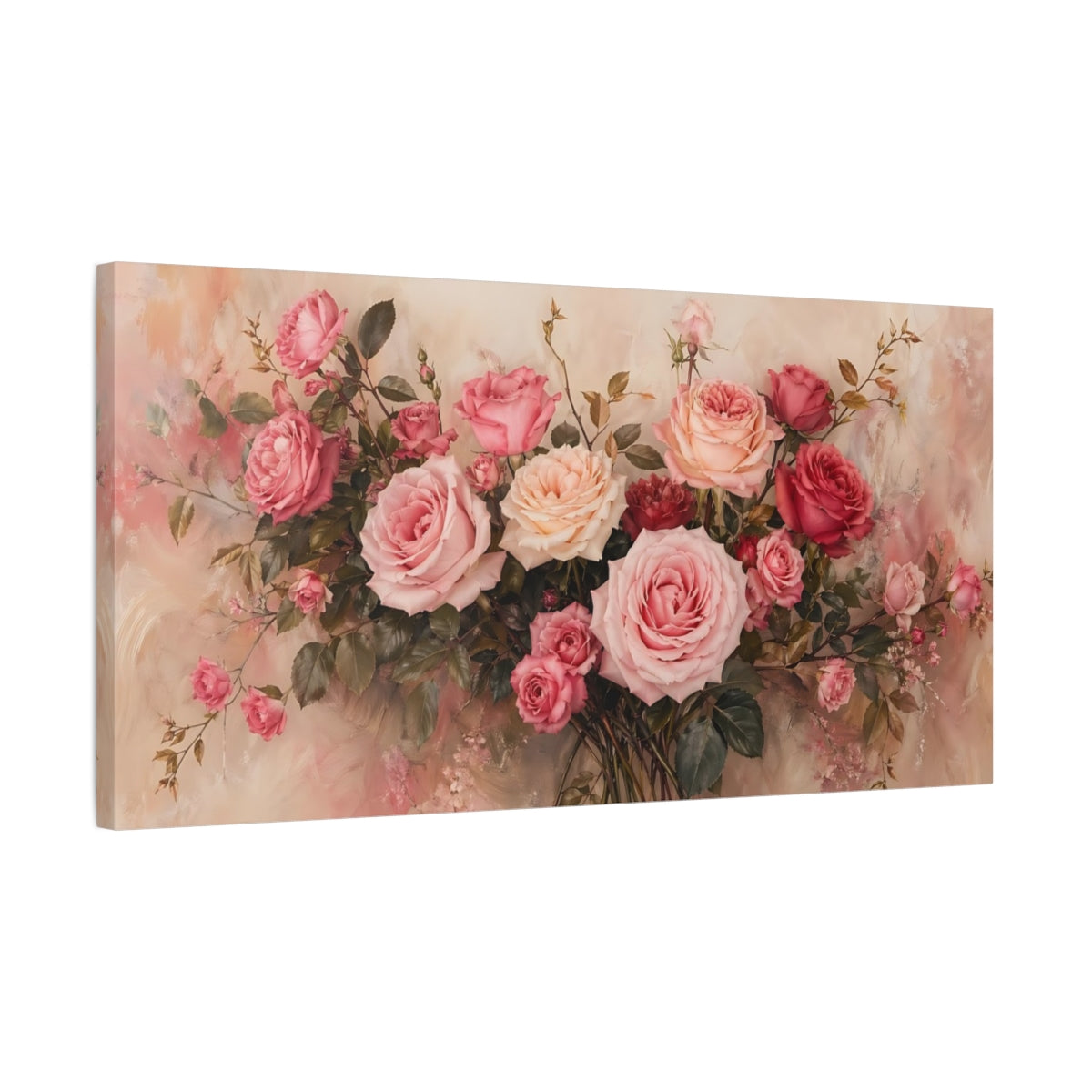 Side Mockup 1. Floral Roses Pink Roses shown as stretched canvas wall art
