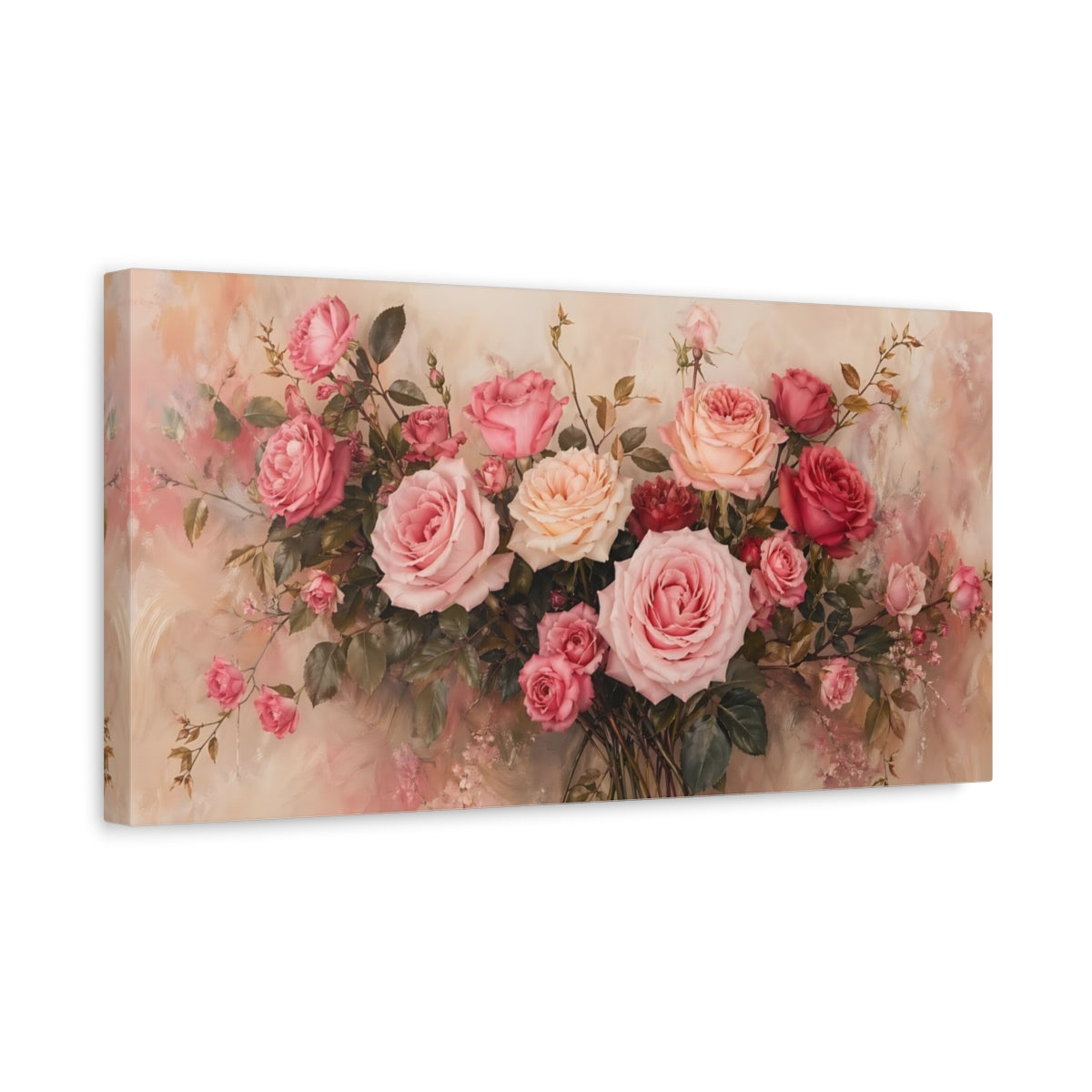 Side Mockup 3. Floral Roses Pink Roses shown as stretched canvas wall art