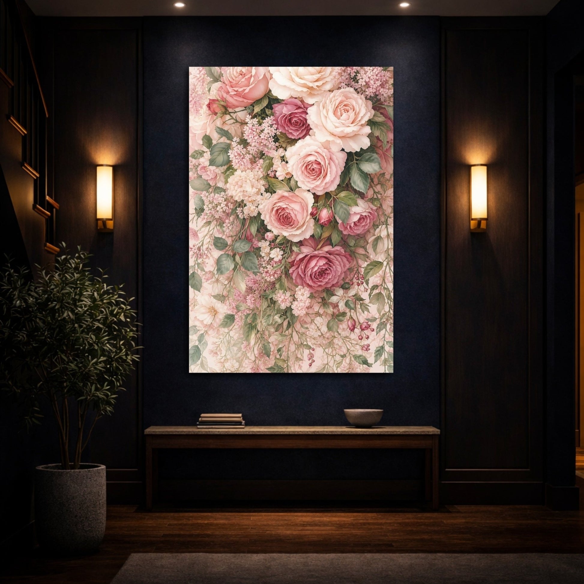 Floral Roses Pink Canvas Print Wall Art – Watercolor Living Room, Large - YesArtYes