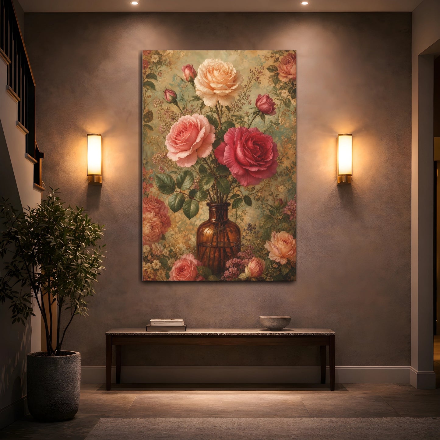 Mockup 2. Floral Roses Pink Floral Vase shown as canvas print