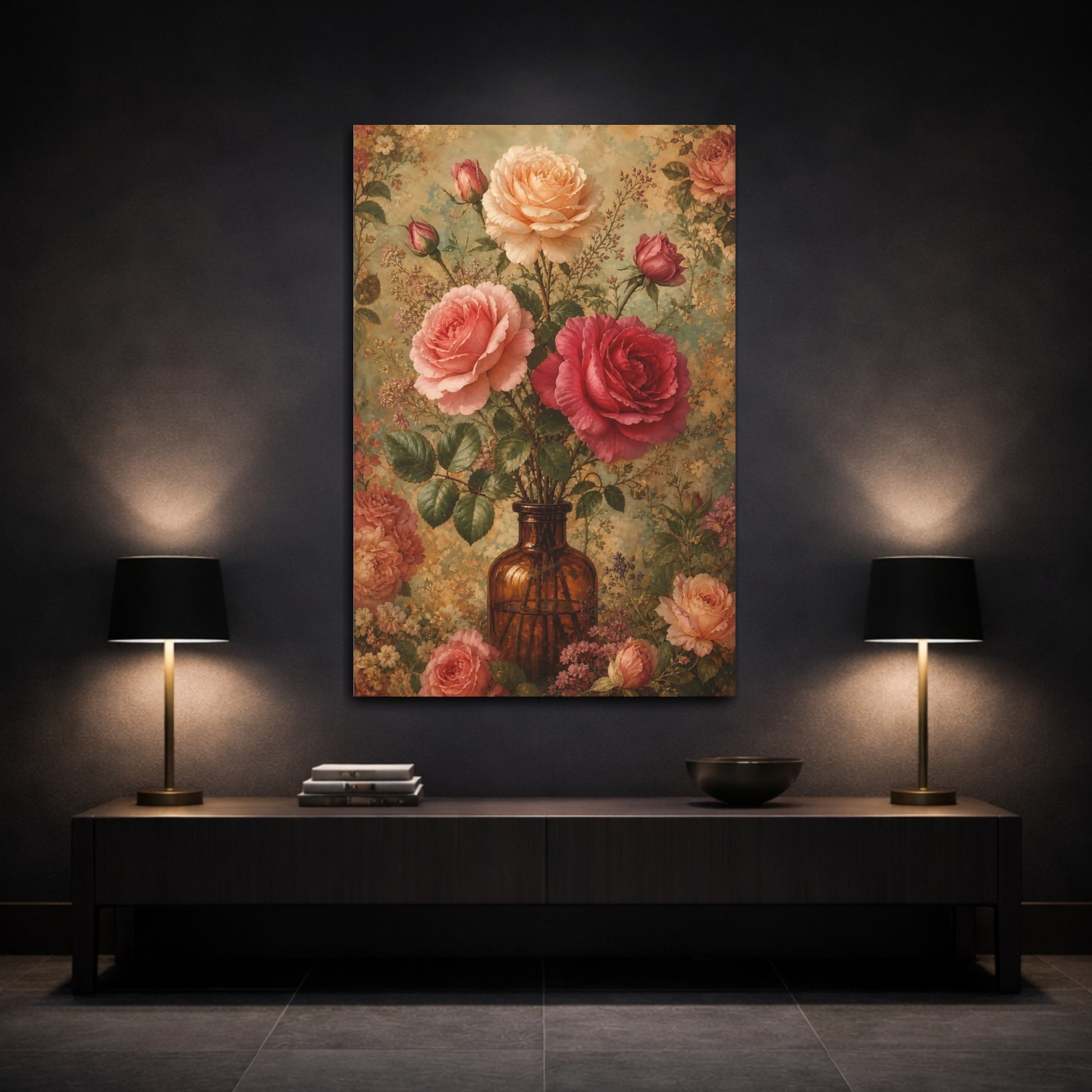 Mockup 3. Floral Roses Pink Floral Vase shown as canvas print