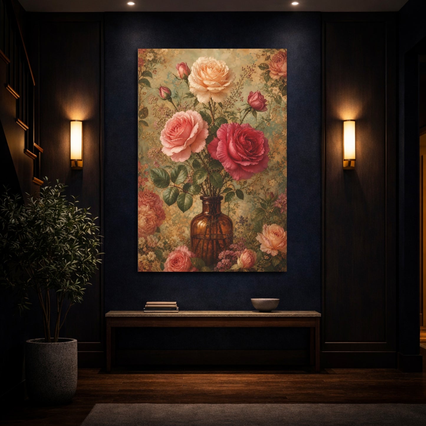 Mockup 4. Floral Roses Pink Floral Vase shown as canvas print