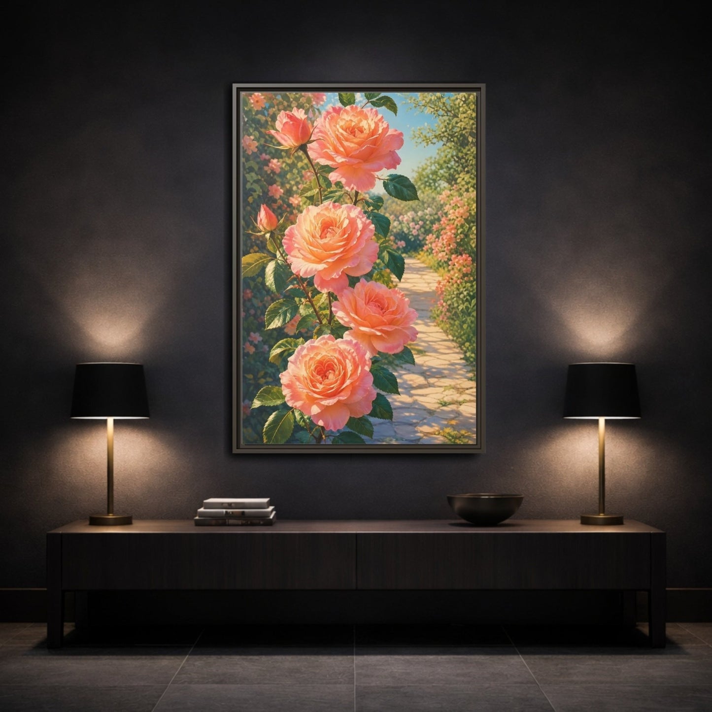 Floral Roses Pink Framed Canvas Print Wall Art – romantic Living Room, Above Fireplace - YesArtYes