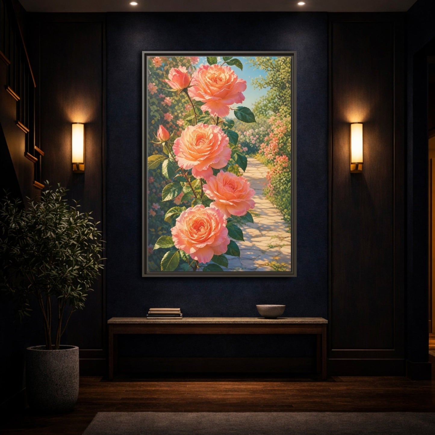Floral Roses Pink Framed Canvas Print Wall Art – romantic Living Room, Above Fireplace - YesArtYes