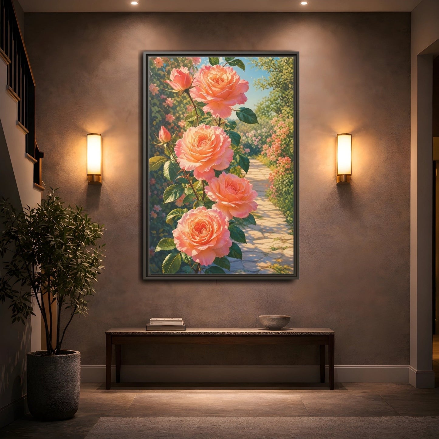Floral Roses Pink Framed Canvas Print Wall Art – romantic Living Room, Above Fireplace - YesArtYes