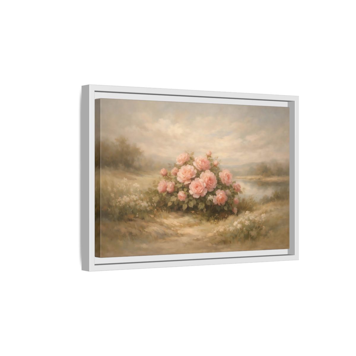 Side Mockup 4. Floral Roses Pink Roses Landscape shown as stretched canvas wall art
