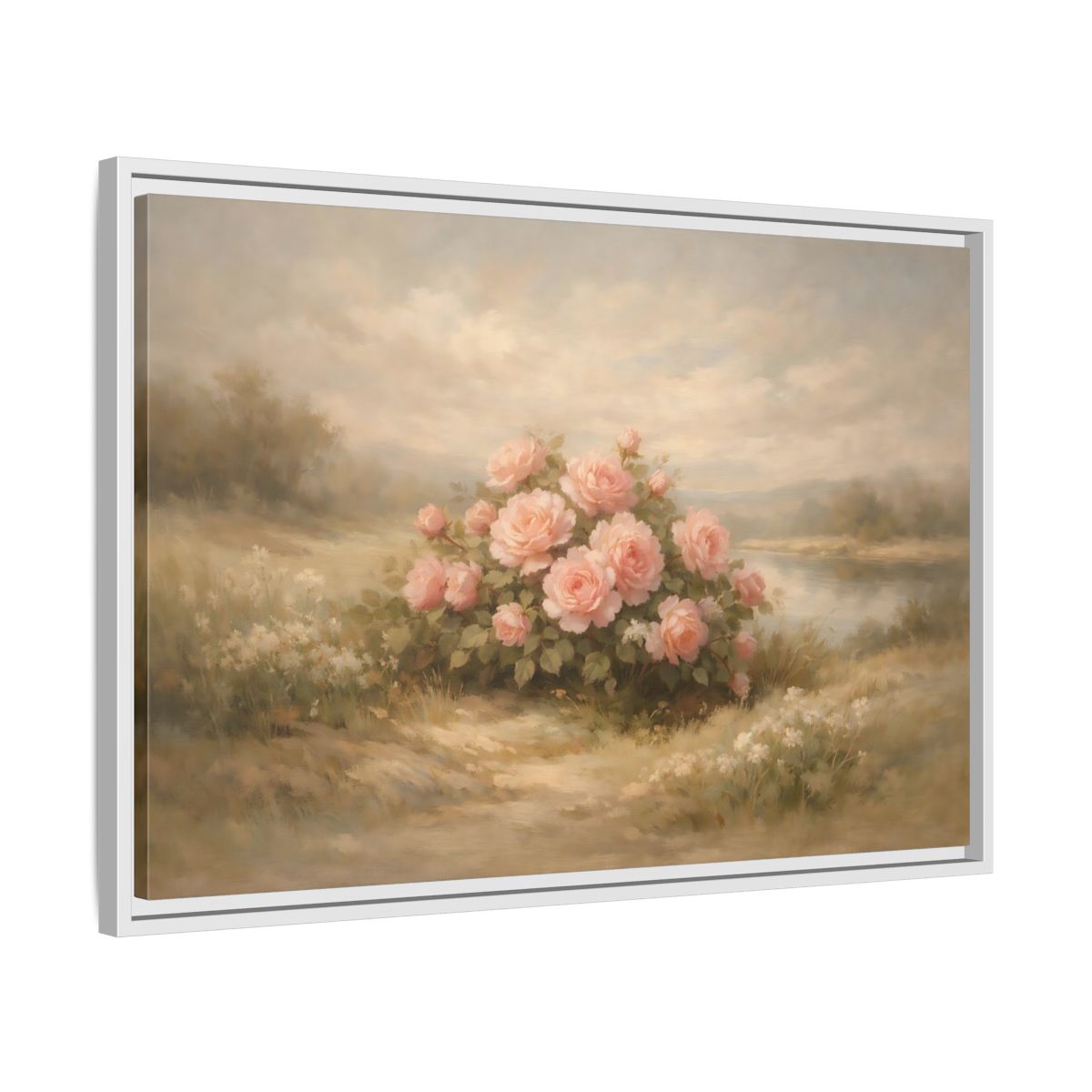 Side Mockup 10. Floral Roses Pink Roses Landscape shown as stretched canvas wall art