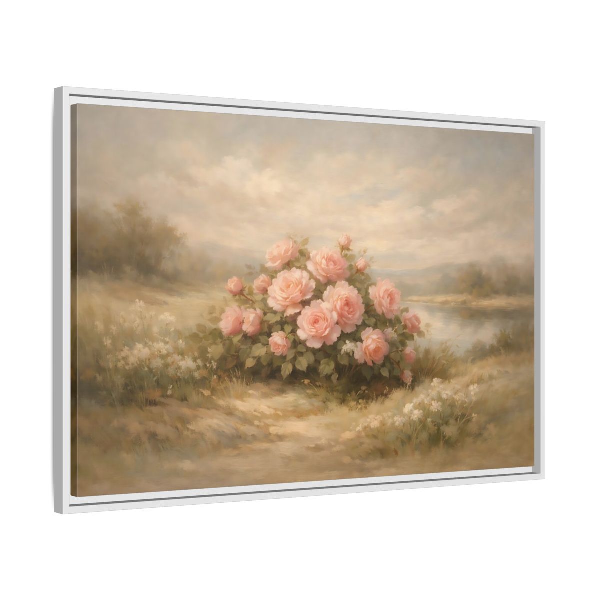 Side Mockup 8. Floral Roses Pink Roses Landscape shown as stretched canvas wall art
