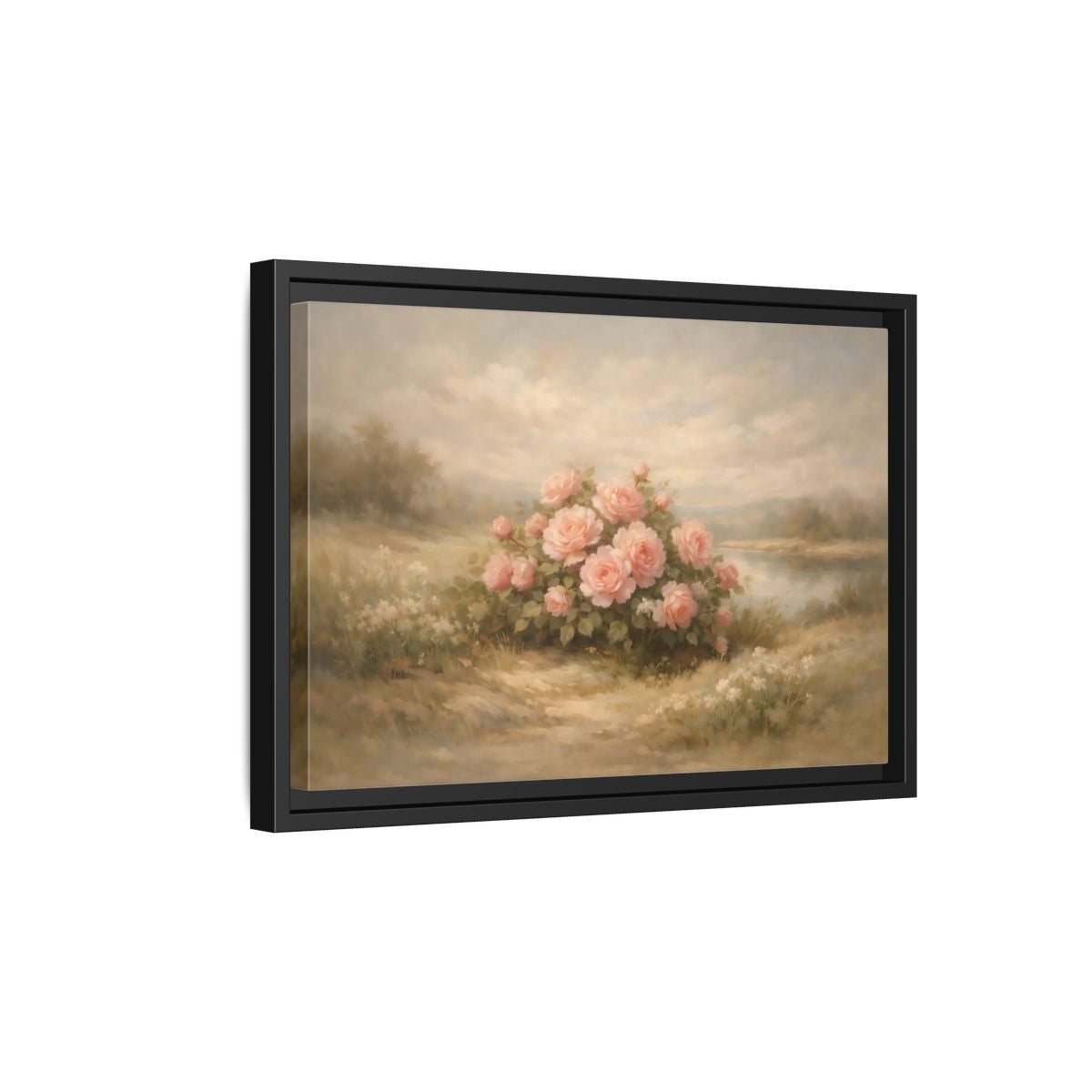 Side Mockup 6. Floral Roses Pink Roses Landscape shown as stretched canvas wall art