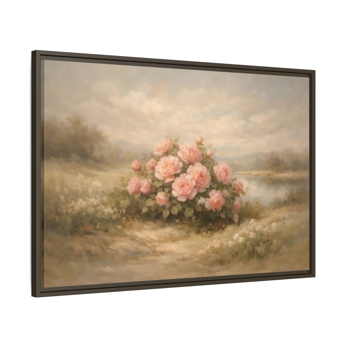 Side Mockup 9. Floral Roses Pink Roses Landscape shown as stretched canvas wall art