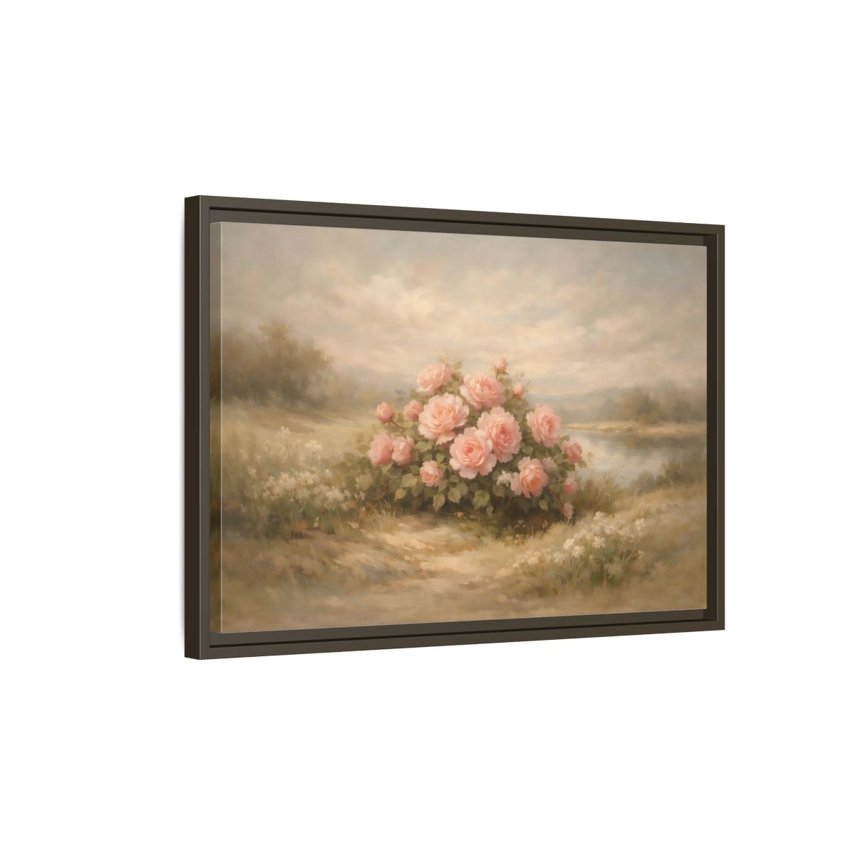 Side Mockup 2. Floral Roses Pink Roses Landscape shown as stretched canvas wall art