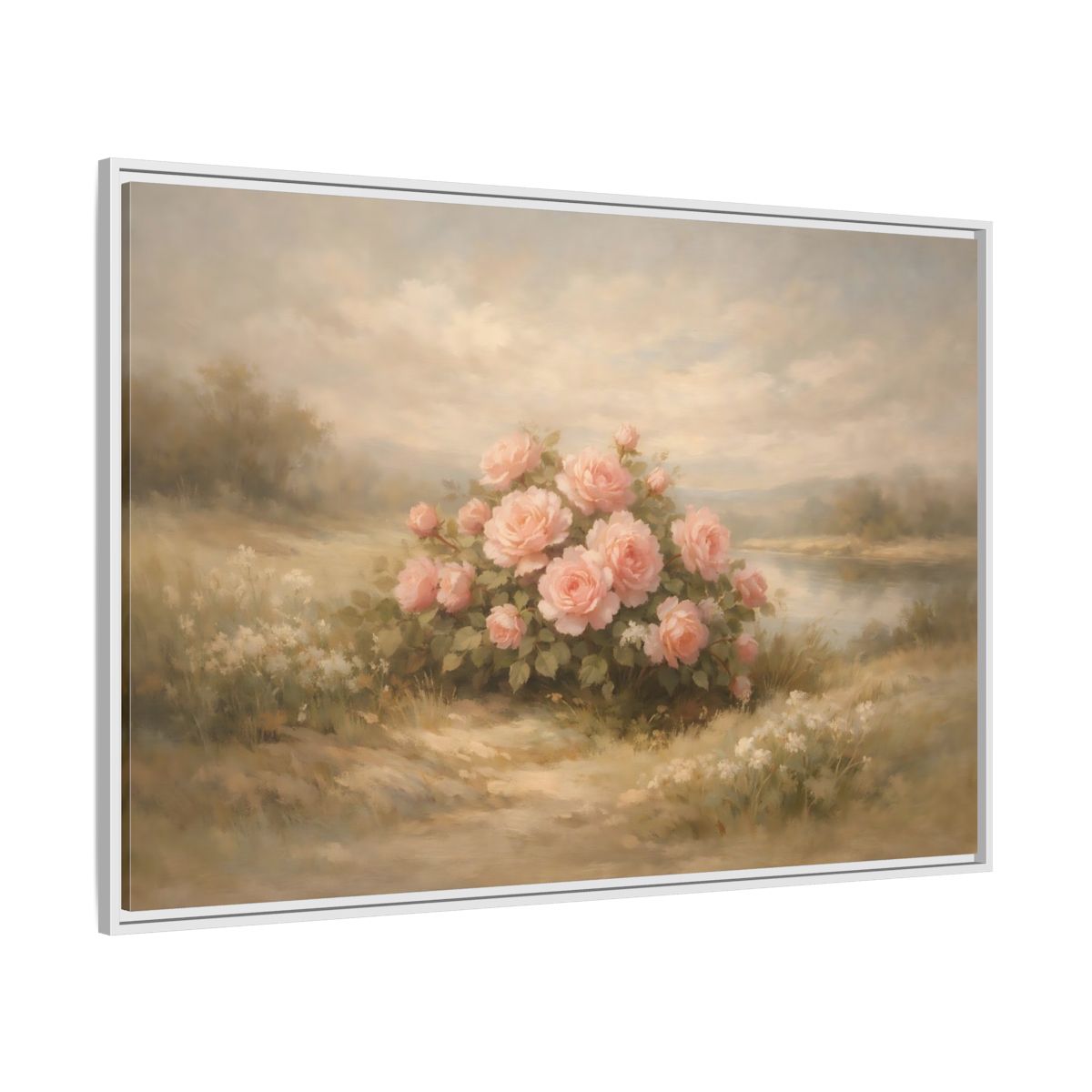 Side Mockup 7. Floral Roses Pink Roses Landscape shown as stretched canvas wall art