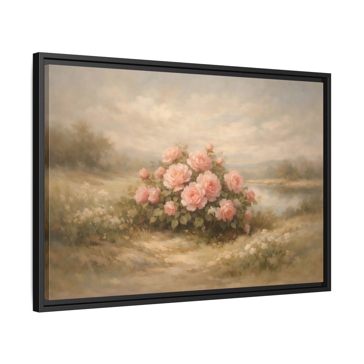 Side Mockup 14. Floral Roses Pink Roses Landscape shown as stretched canvas wall art