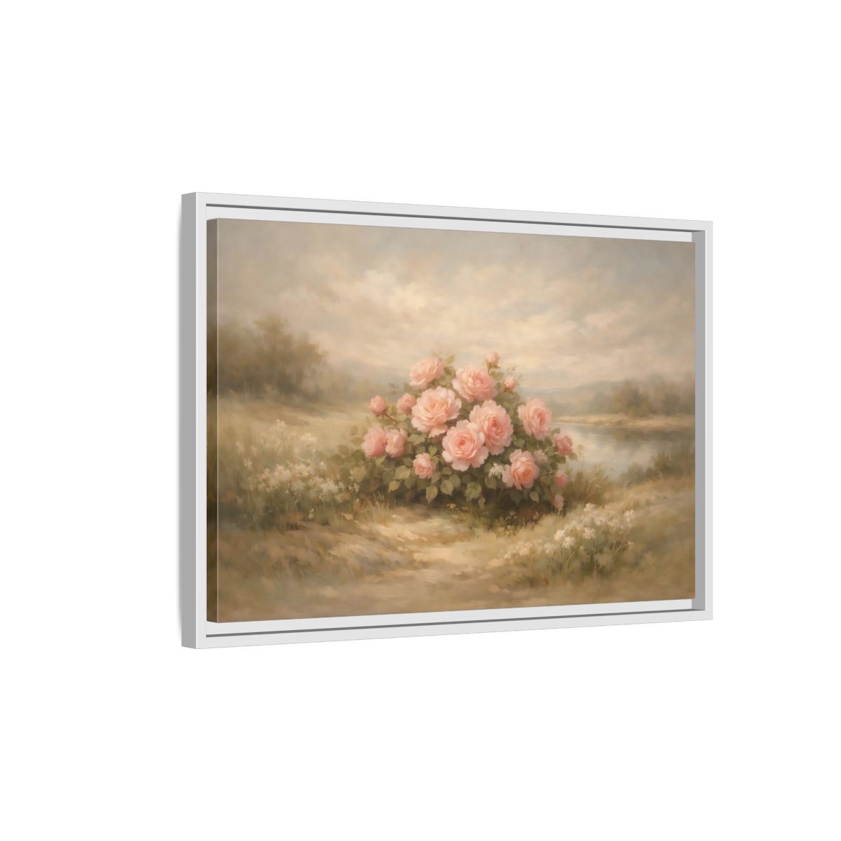 Side Mockup 1. Floral Roses Pink Roses Landscape shown as stretched canvas wall art