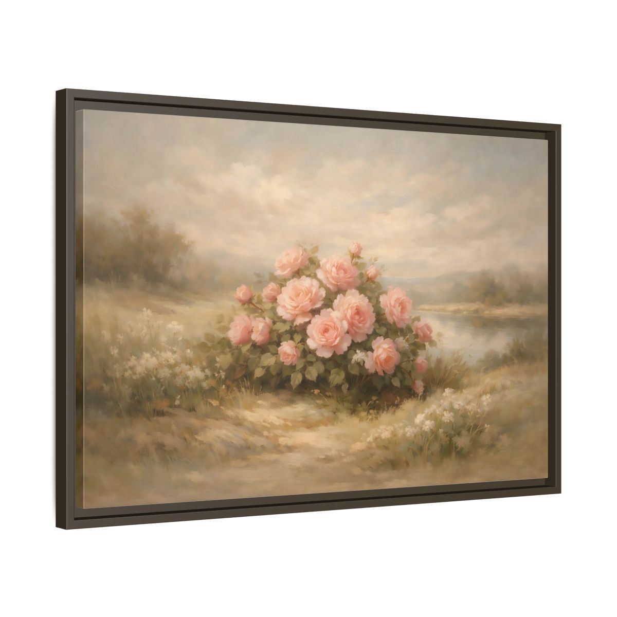 Side Mockup 11. Floral Roses Pink Roses Landscape shown as stretched canvas wall art