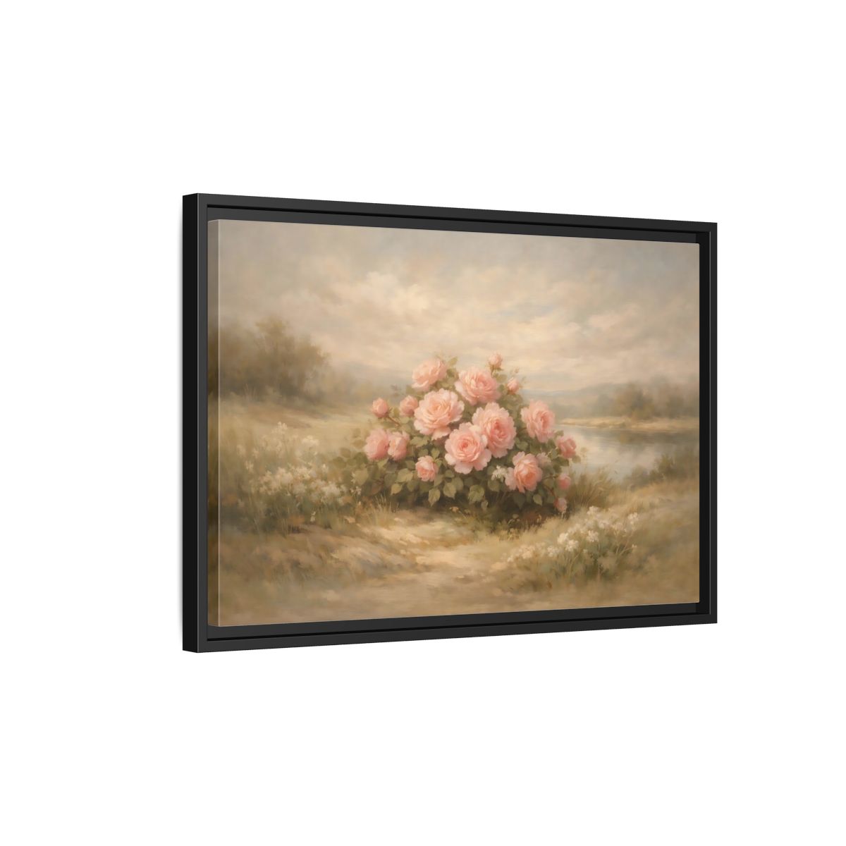 Side Mockup 3. Floral Roses Pink Roses Landscape shown as stretched canvas wall art