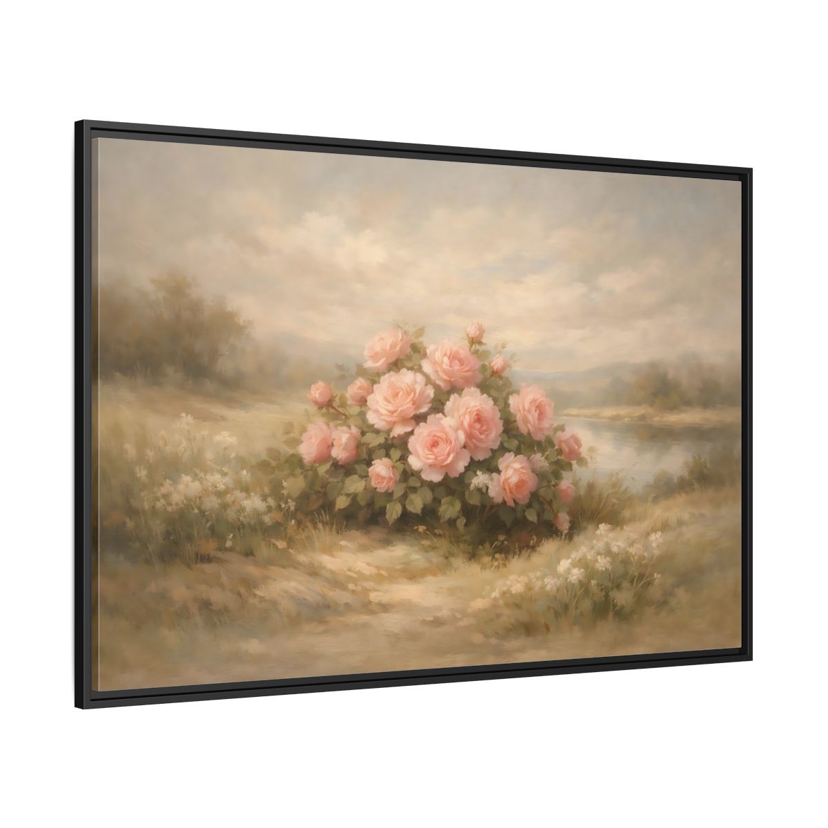 Side Mockup 12. Floral Roses Pink Roses Landscape shown as stretched canvas wall art