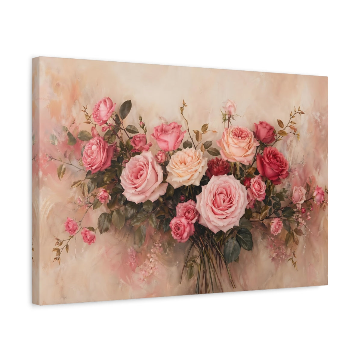 Side Mockup 3. Floral Roses Pink Rose Bouquet shown as stretched canvas wall art