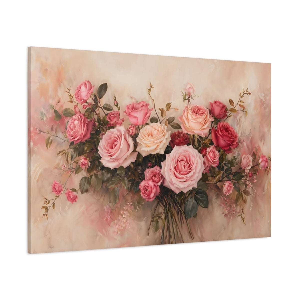 Side Mockup 1. Floral Roses Pink Rose Bouquet shown as stretched canvas wall art