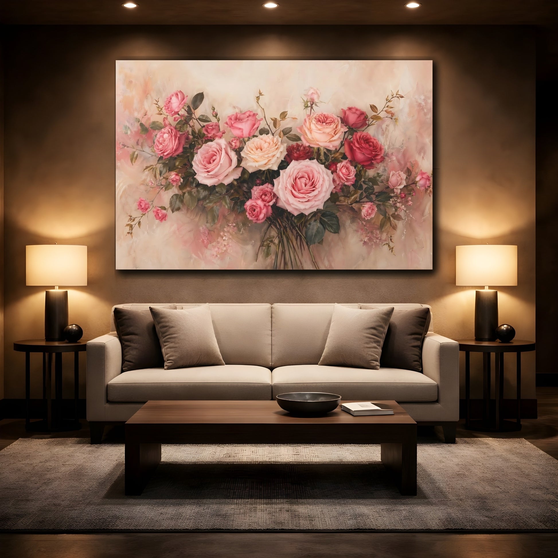 Mockup 2. Floral Roses Pink Rose Bouquet shown as stretched canvas wall art