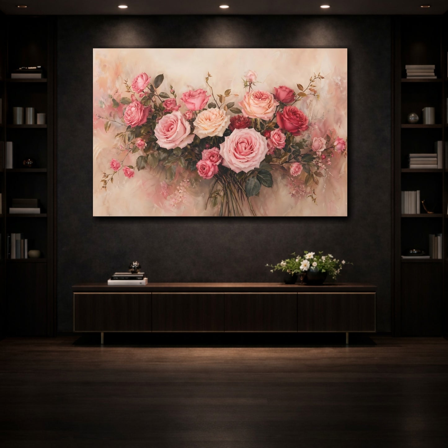 Mockup 3. Floral Roses Pink Rose Bouquet shown as stretched canvas wall art