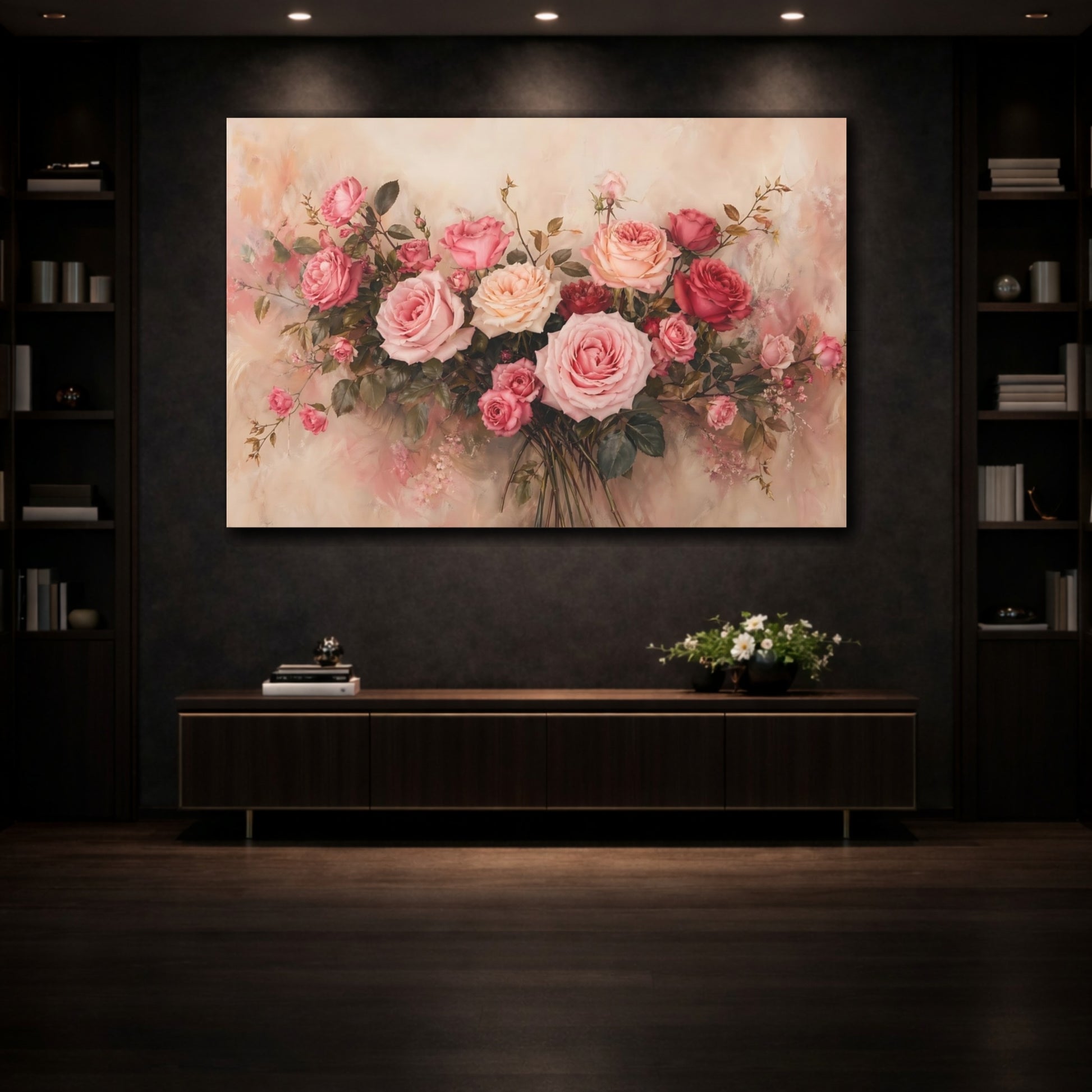 Mockup 3. Floral Roses Pink Rose Bouquet shown as stretched canvas wall art