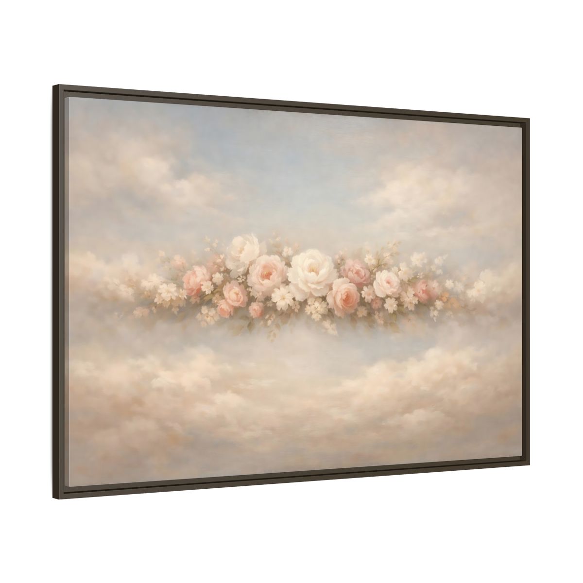 Main Mockup. Floral Roses Pink Rose Cloud shown as stretched canvas wall art