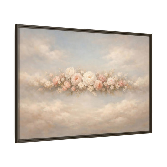 Main Mockup. Floral Roses Pink Rose Cloud shown as stretched canvas wall art