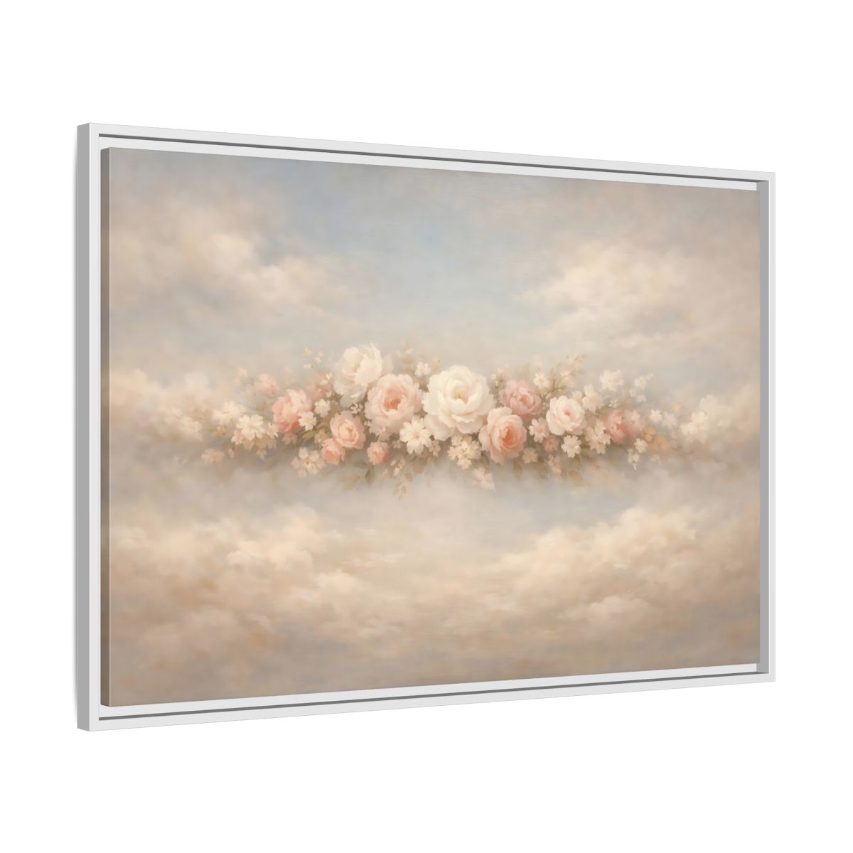 Side Mockup 8. Floral Roses Pink Rose Cloud shown as stretched canvas wall art