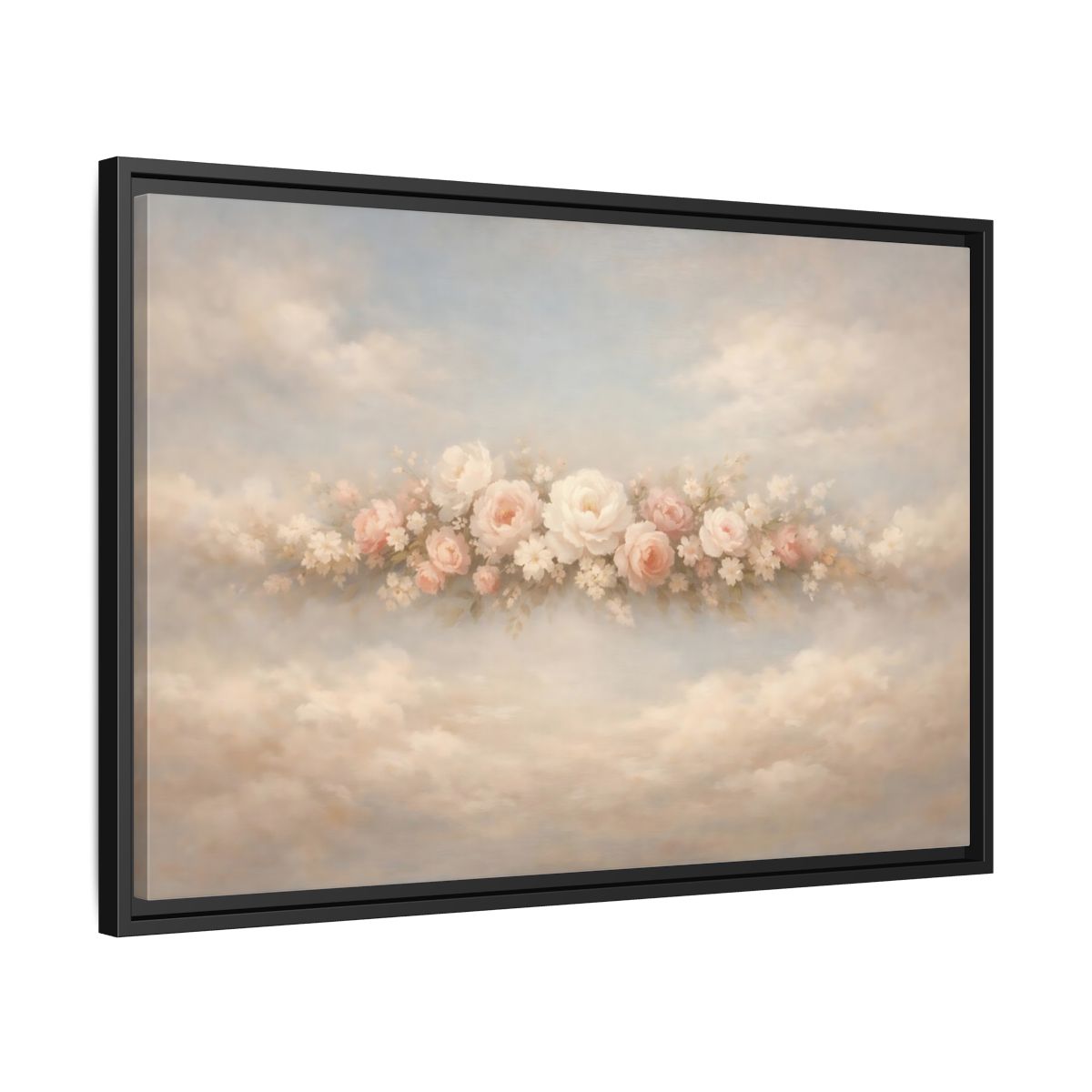 Side Mockup 14. Floral Roses Pink Rose Cloud shown as stretched canvas wall art