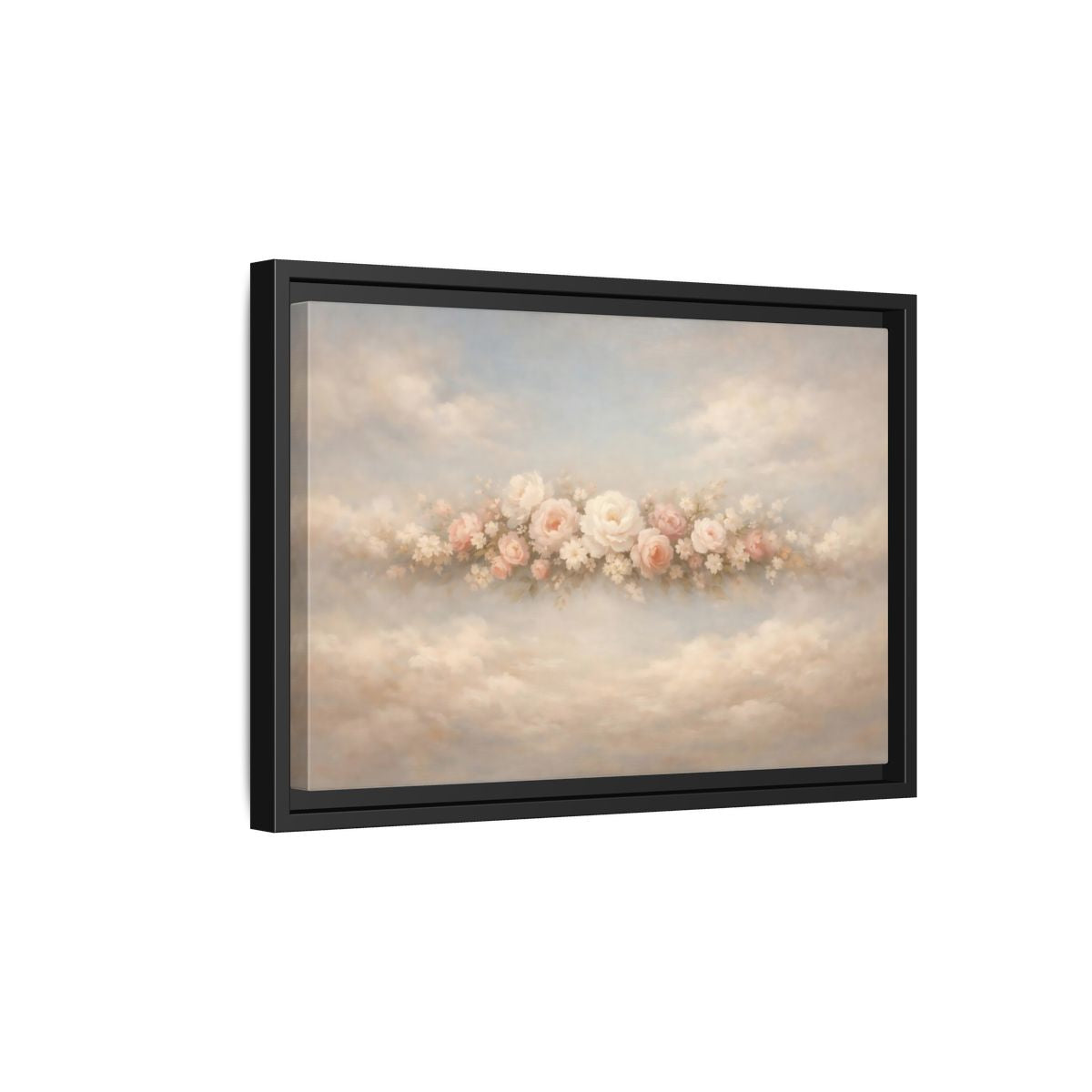 Side Mockup 6. Floral Roses Pink Rose Cloud shown as stretched canvas wall art