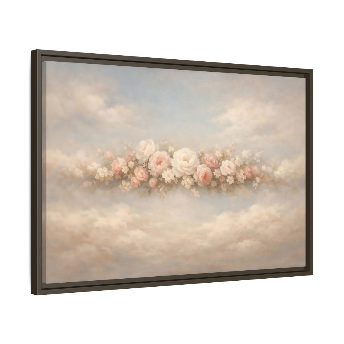 Side Mockup 11. Floral Roses Pink Rose Cloud shown as stretched canvas wall art