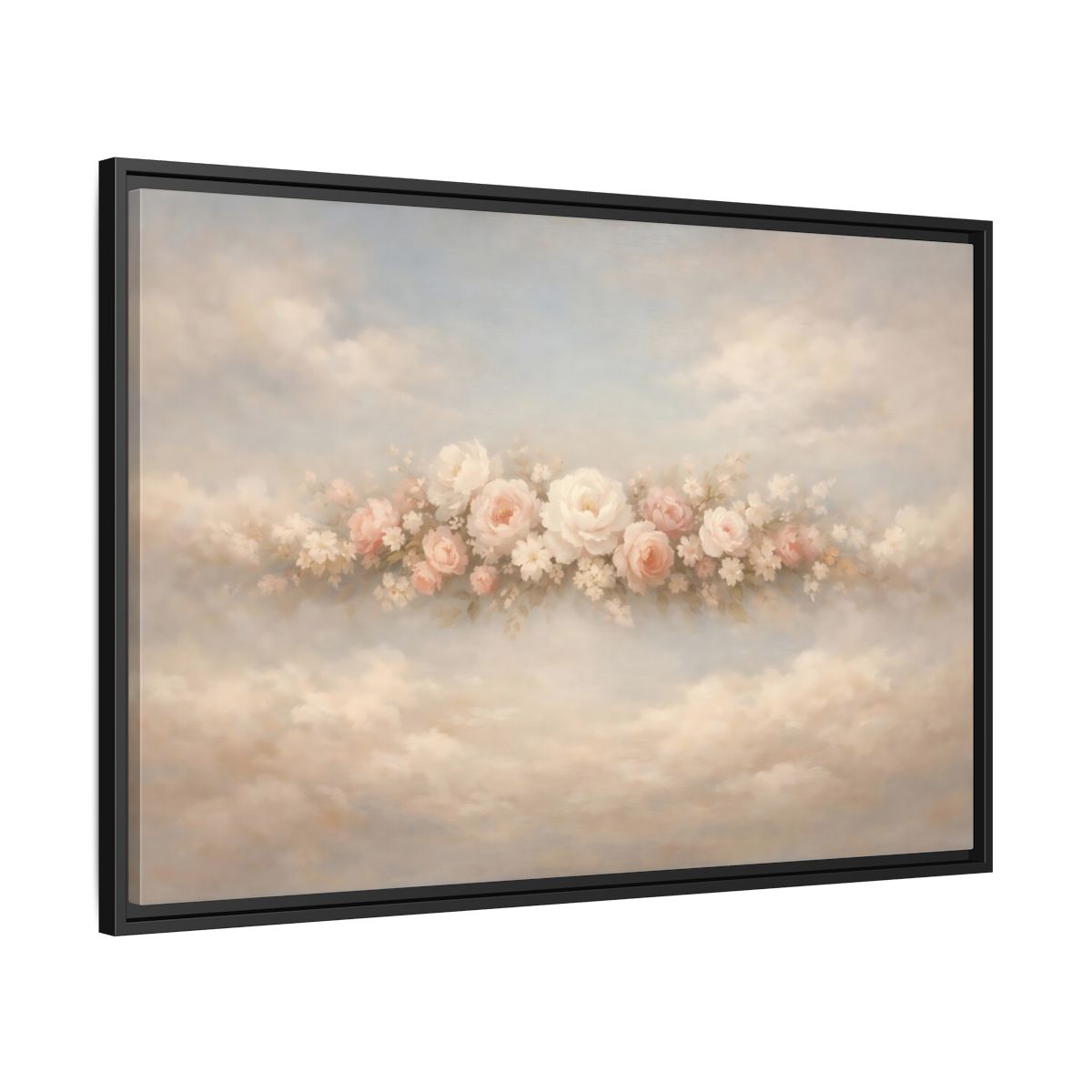 Side Mockup 13. Floral Roses Pink Rose Cloud shown as stretched canvas wall art
