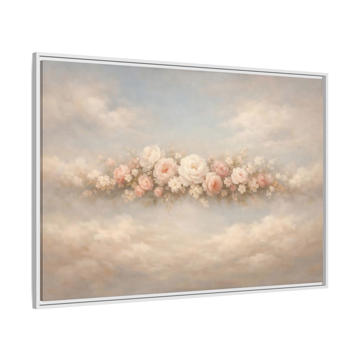 Side Mockup 7. Floral Roses Pink Rose Cloud shown as stretched canvas wall art
