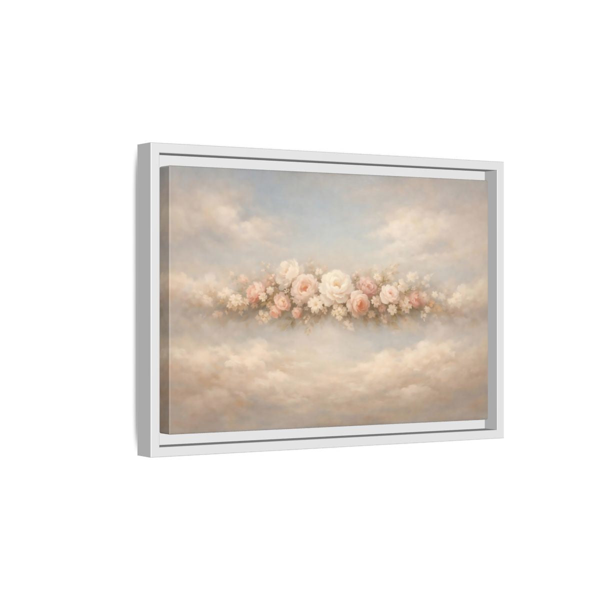 Side Mockup 4. Floral Roses Pink Rose Cloud shown as stretched canvas wall art