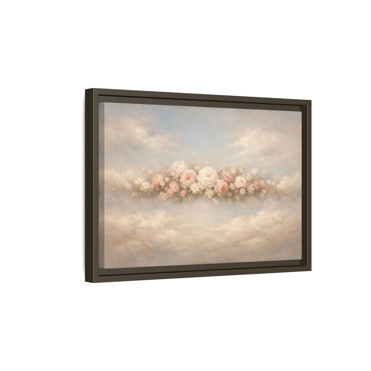 Side Mockup 5. Floral Roses Pink Rose Cloud shown as stretched canvas wall art